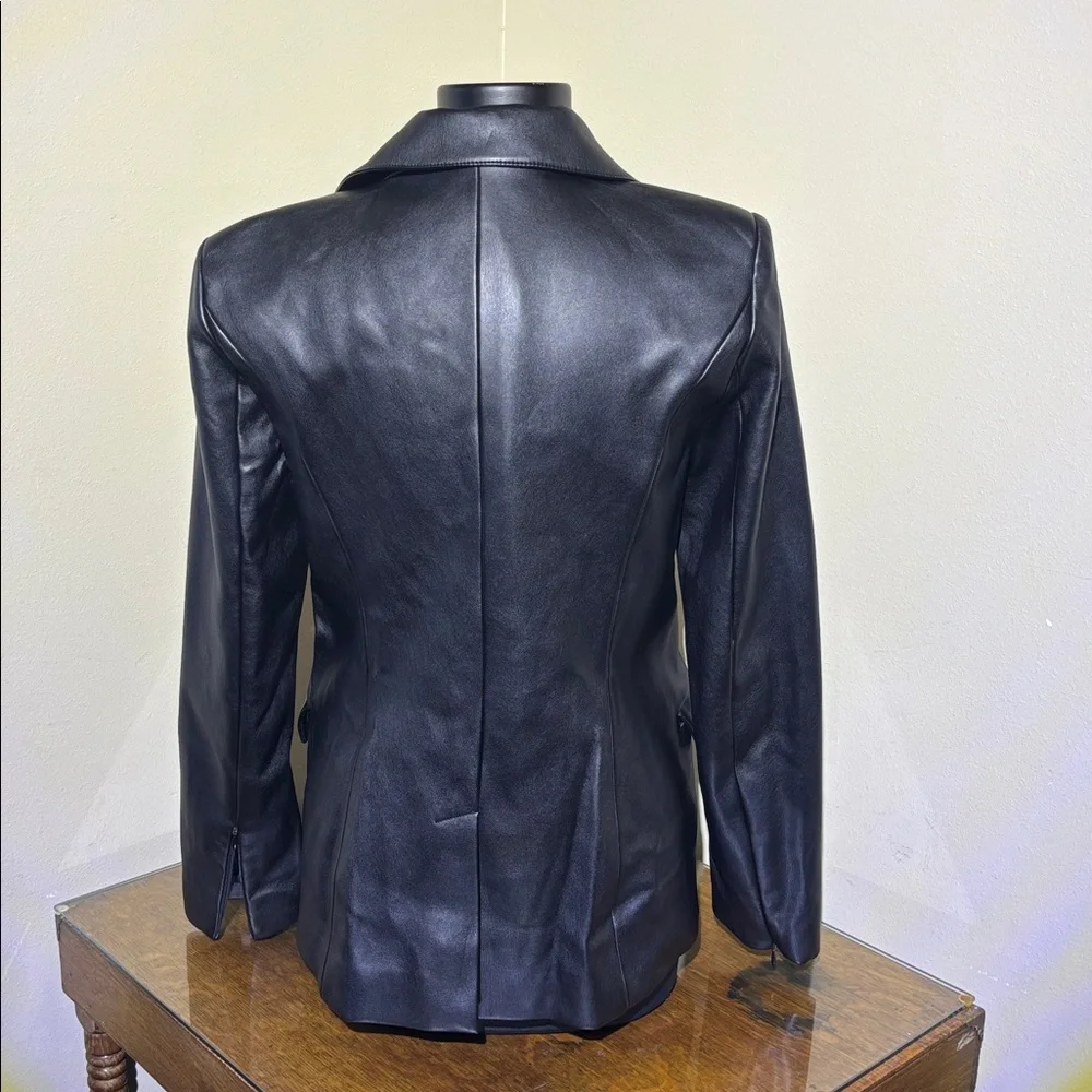 Good American Black Faux Leather Sculpted Blazer, Zipper detail on arms, size 2